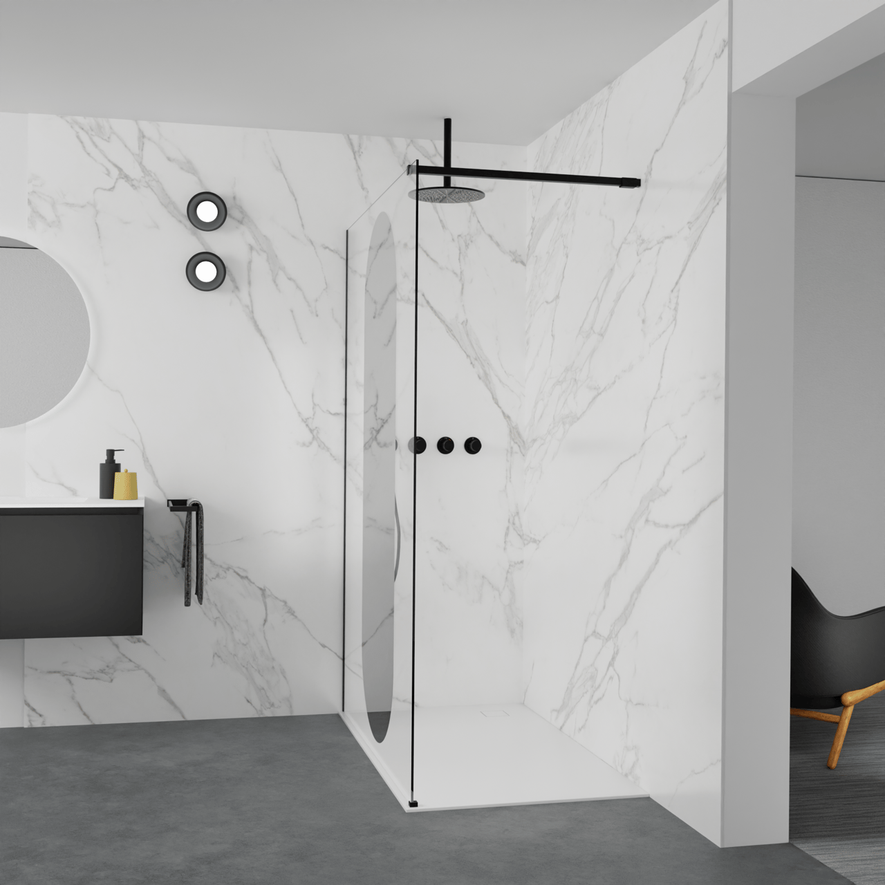 Balmani Modular inloopdouche: 140 x 200 cm, Reflex ovaal spiegelglas, Mat zwarte profielen