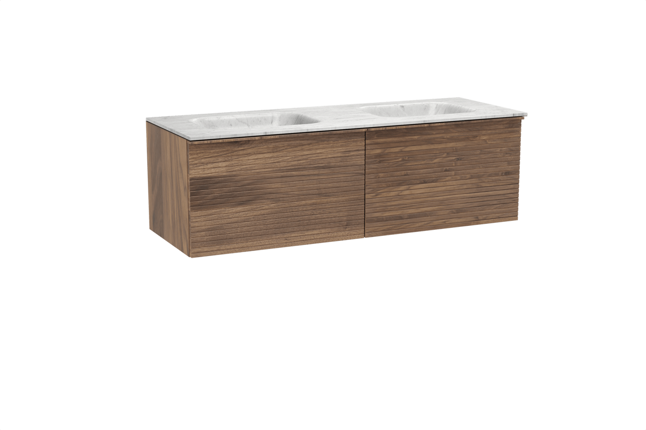 Balmani Forma zwevend badkamermeubel 150 x 55 cm amerikaanse notelaar met Tablo Arcato dubbele wastafel in marmer carrara, Horizontale symmetrische rechte ribbel