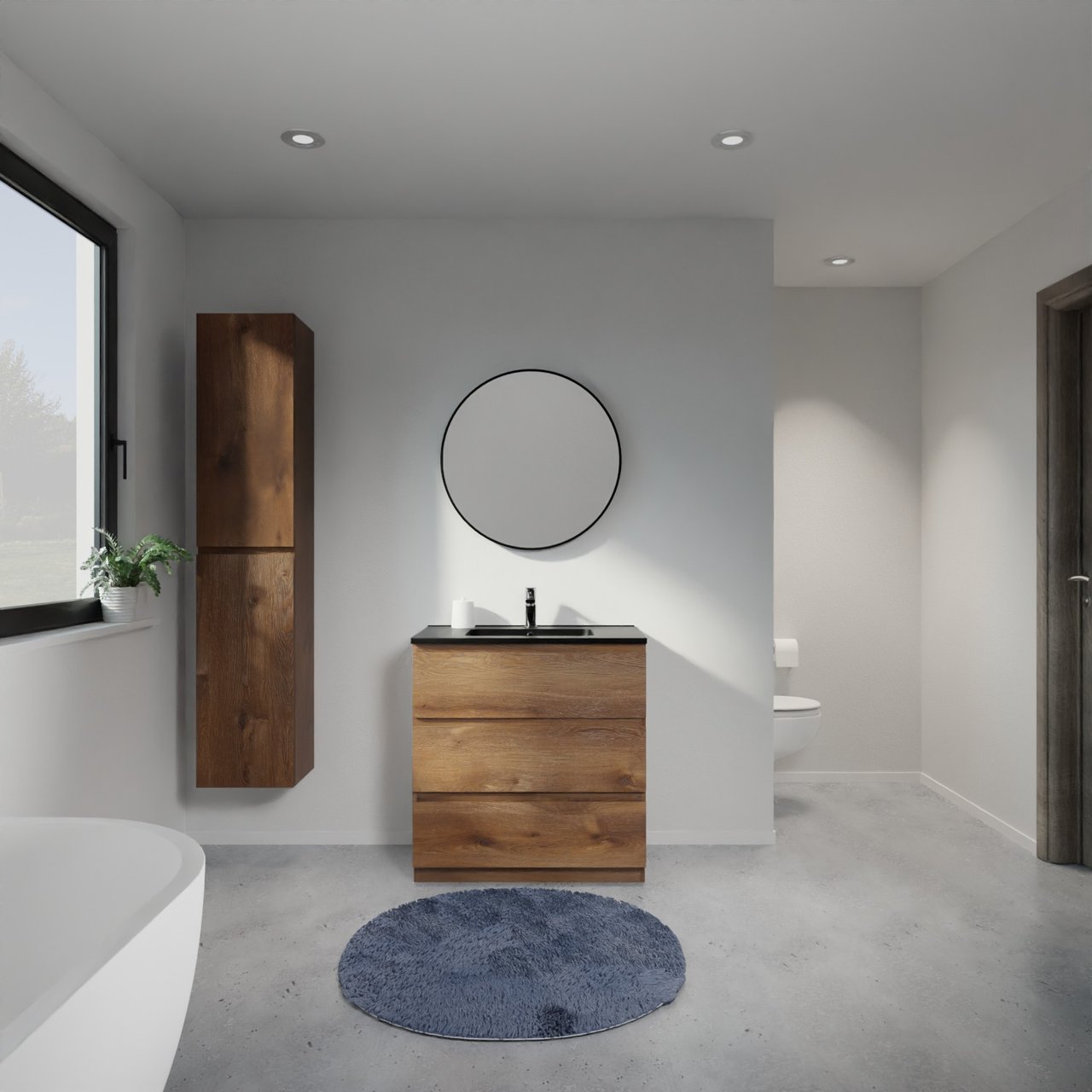 Linie Lado meuble salle de bains à poser 80 x 46 cm chêne brun avec Vano plan simple en marbre composite noir mat