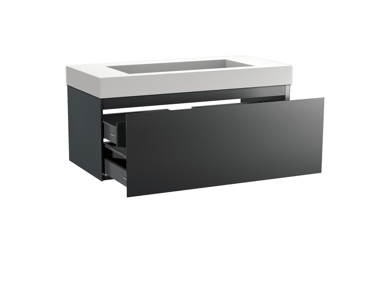 Balmani Idra meuble salle de bains suspendu 120 x 55 cm noir mat avec Modus plan simple pour 2 trous de robinet en solid surface blanc mat