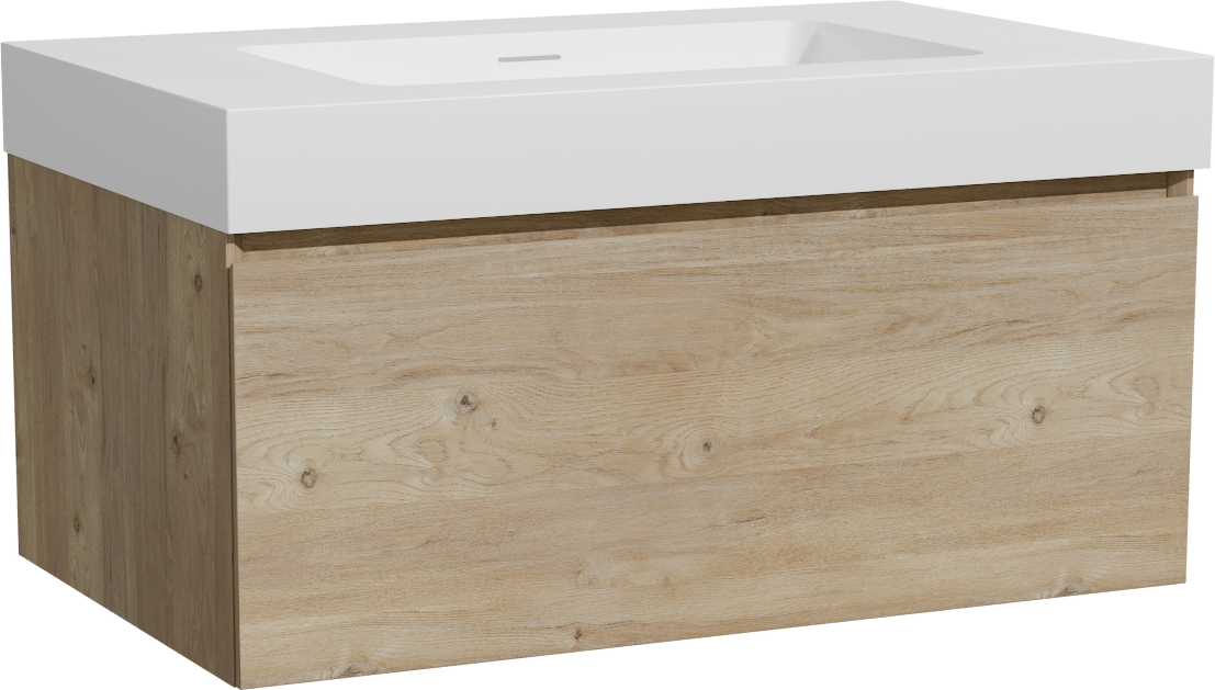 Storke Edge hängendes Möbelstück Set: 85 x 52 cm, Rohe Eiche, mit Mata High Einzelwaschtisch, Solid Surface Weiß matt