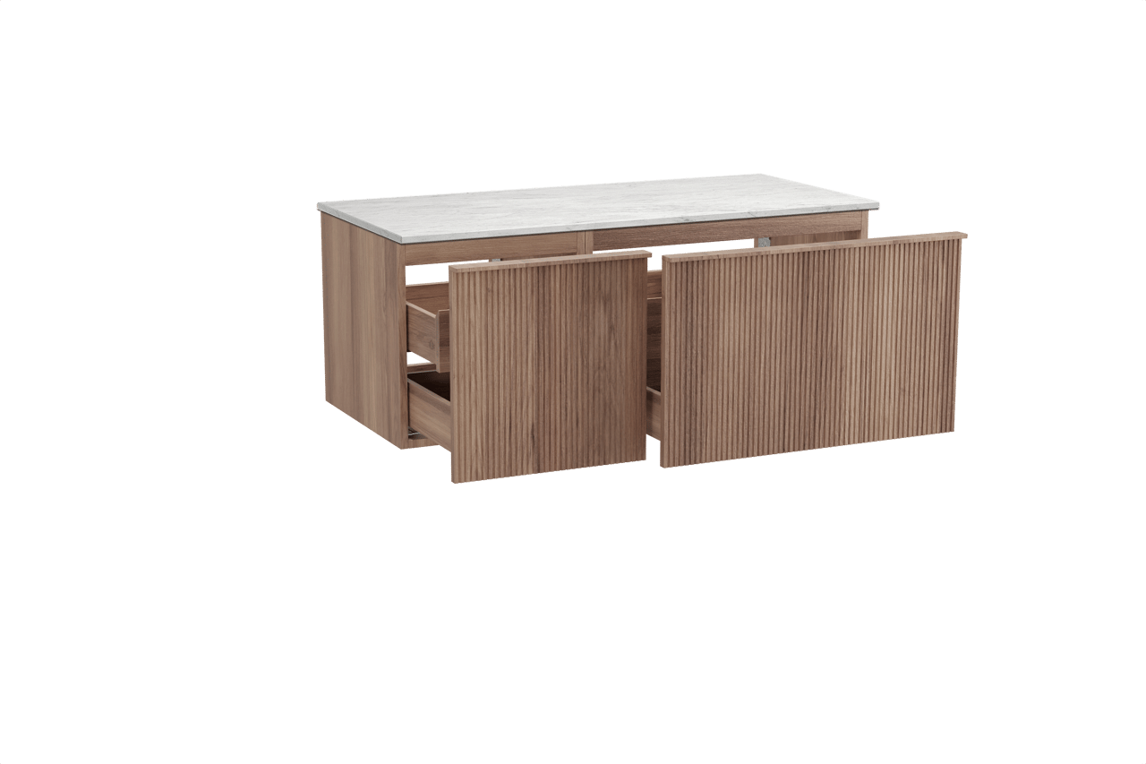 Balmani Forma hängendes Möbelstück Set: 120 x 55 cm, Teak, mit Stretto Einzel- oder Doppel Waschtischplatte, Marmor, Carrara, Vertikale symmetrische gerade Rippe