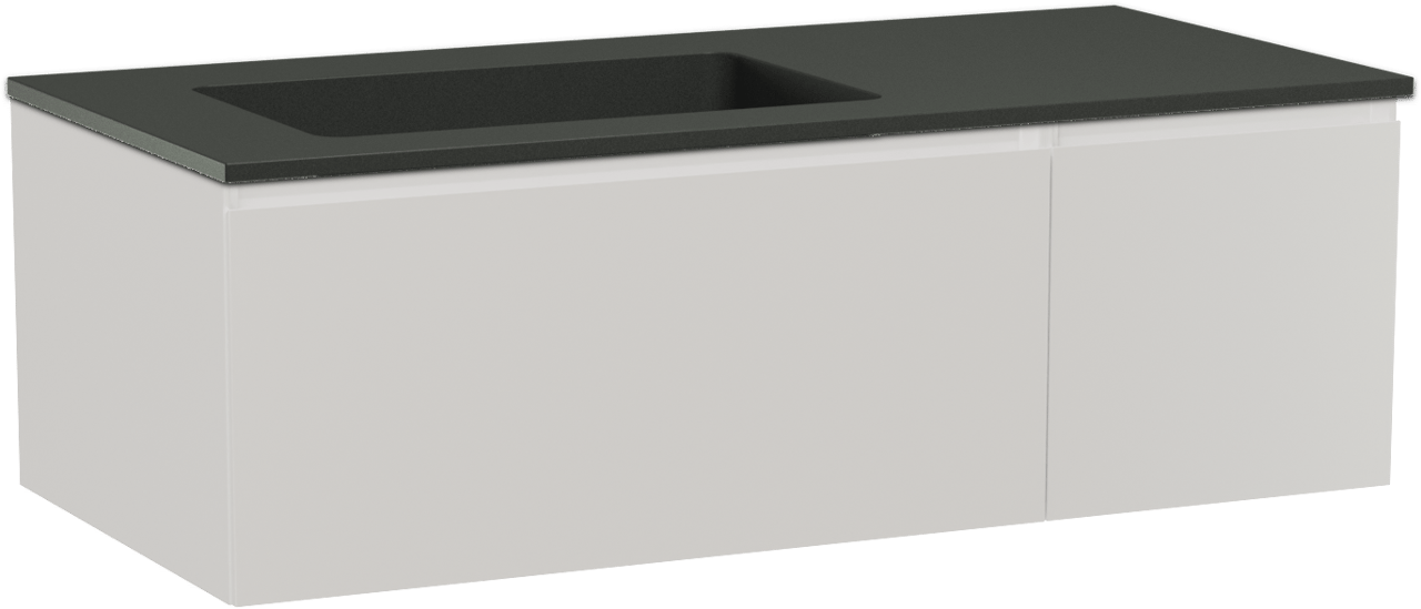 Storke Edge meuble salle de bains suspendu 110 x 52 cm blanc brillant avec Scuro vasque asymétrique gauche en quartz noir mat