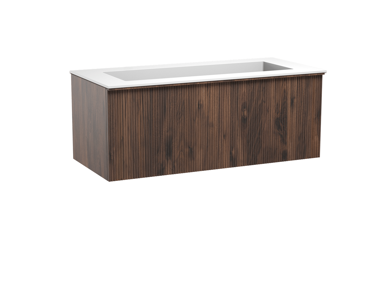 Balmani Forma zwevend badkamermeubel 120 x 55 cm amerikaanse notelaar met Tablo Stretto enkele wastafel voor 2 kraangaten in solid surface mat wit, Verticale symmetrische rechte ribbel