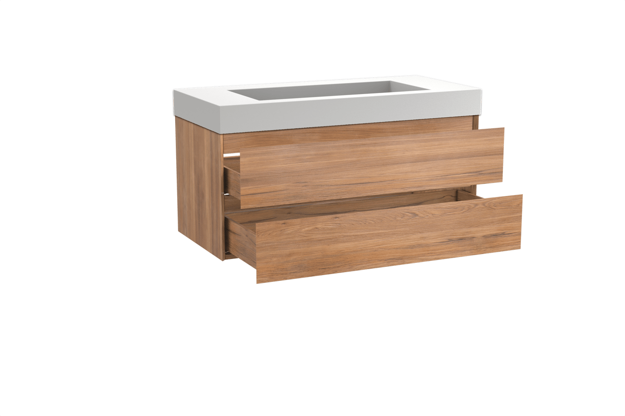 Balmani Mitra hängendes Möbelstück Set: 120 x 55 cm, Teak, mit Modus Einzelwaschtisch für 2 Armaturenlöcher, Solid Surface Weiß matt