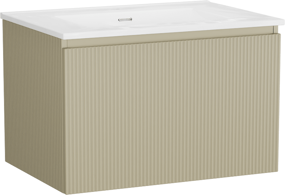 Storke Ribs meuble salle de bains suspendu 75 x 52 cm soie grise avec Kera plan simple en porcelaine blanc brillant, Nervure droite symétrique verticale, bonde incluse