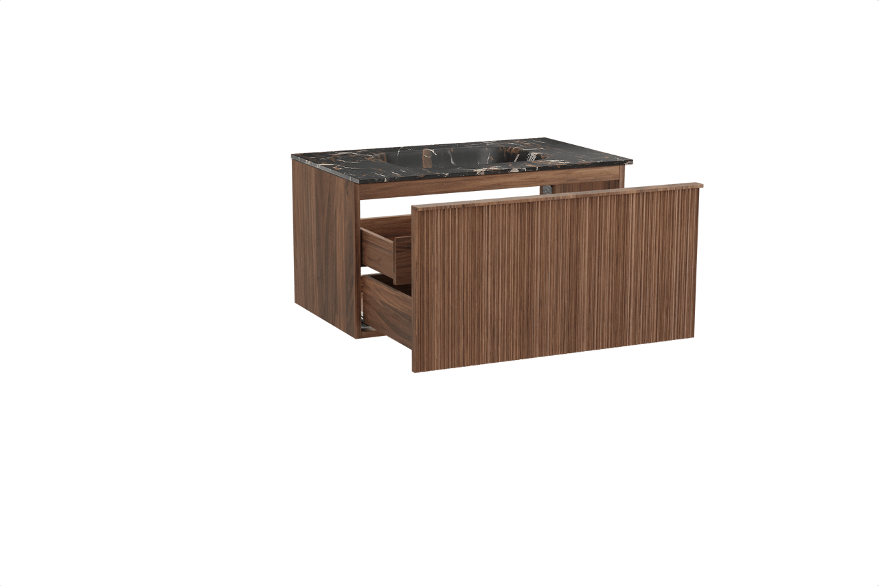 Balmani Forma hängendes Möbelstück Set: 90 x 55 cm, Amerikanischer Nussbaum, mit Tablo Arcato Einzelwaschtisch, Marmor, Portoro Gold, Vertikale asymmetrische Runde Rippe