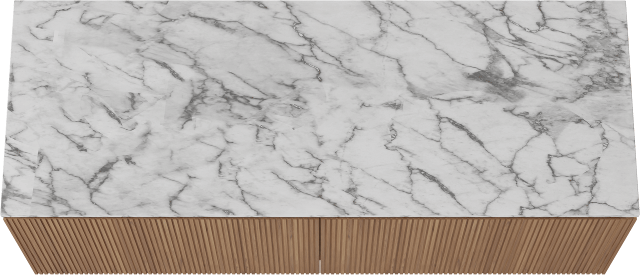 Balmani Eclips hängendes Möbelstück Set: 150 x 55 cm, Teak, mit Stretto Einzel- oder Doppel Waschtischplatte Carrara-Marmor, Vertikale symmetrische gerade Rippe
