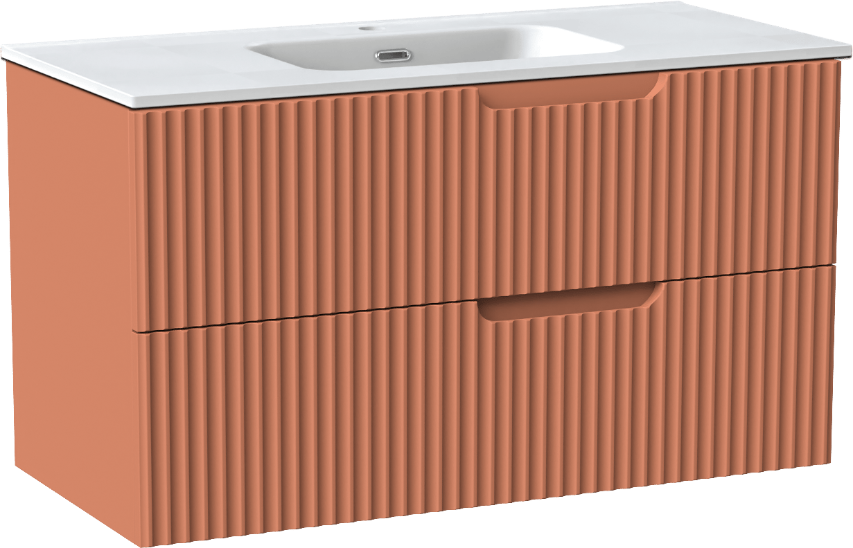 Linie Ribbo zwevend badkamermeubel 100 x 46 cm cotto met Baro enkele wastafel in porselein mat wit, Verticale symmetrische ronde ribbel