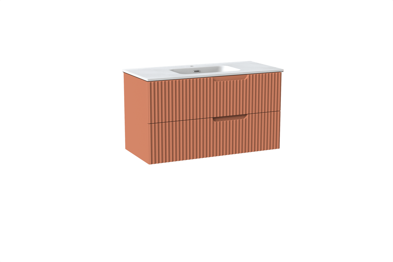 Linie Ribbo hängendes Möbelstück Set: 100 x 46 cm, Cotto, mit Baro Einzelwaschtisch, Porzellan, Weiß matt, Vertikale symmetrische runde Rippe