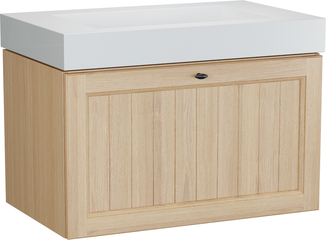 Balmani Lemon zwevend badkamermeubel 90 x 55 cm, fineer natuur eik met Modus enkele wastafel in mat wit