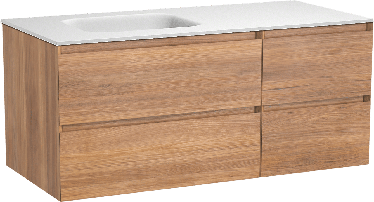 Balmani Mitra hängendes Möbelstück Set: 120 x 55 cm, Teak, mit Tablo Arcato Waschtisch links, Solid Surface Weiß matt