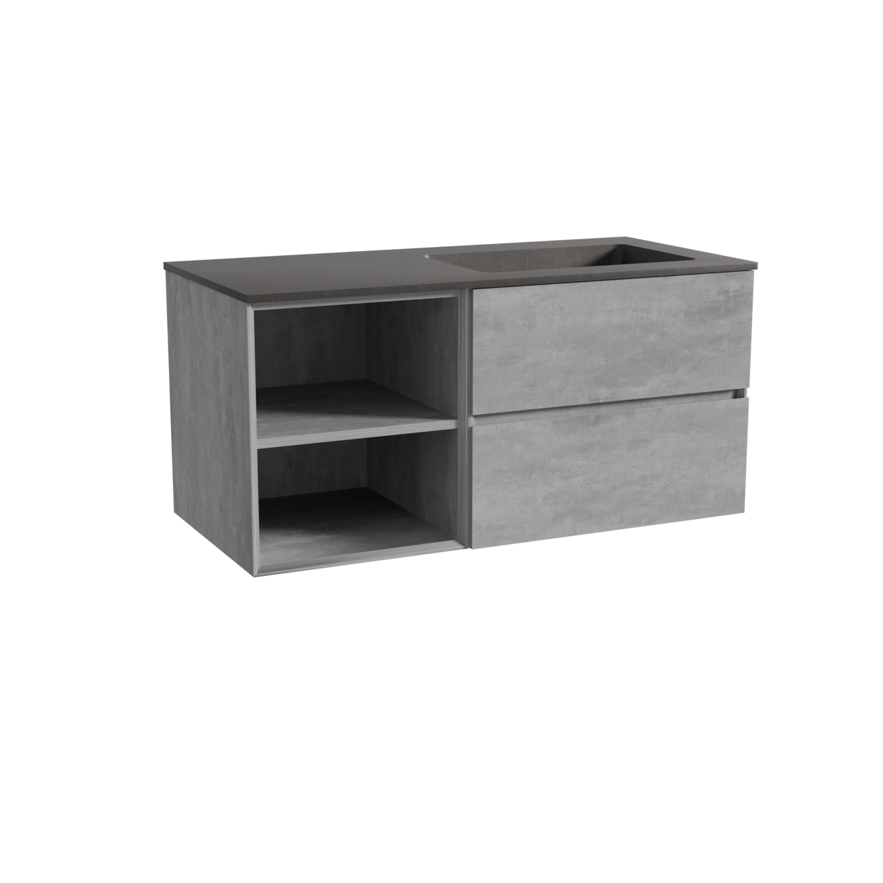 Storke Edge meuble salle de bains suspendu 110 x 52 cm béton gris foncé avec Scuro plan vasque asymétrique à droite en quartz noir mat
