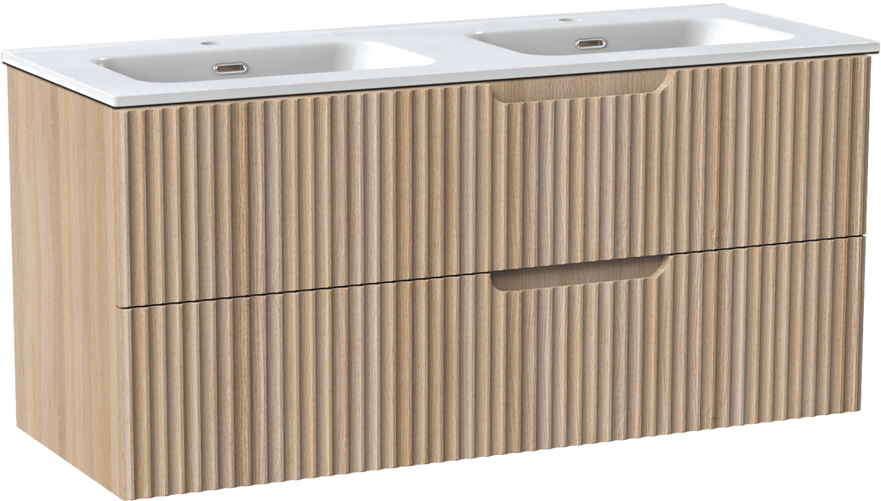 Linie Ribbo meuble salle de bains suspendu 120 x 46 cm chêne clair avec Baro double vasque en porcelaine blanc brillant, Nervure circulaire symétrique verticale
