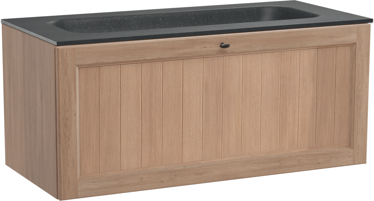 Balmani Lemon hängendes Möbelstück Set: 120 x 55 cm, Verwitterte Eiche, mit Tablo Arcato Einzelwaschtisch für 2 Armaturenlöcher, Schwarzes Granit