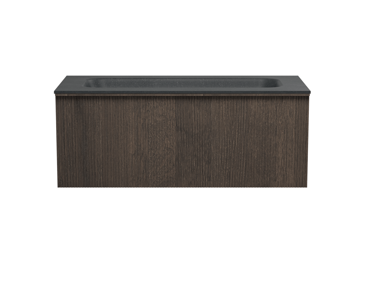 Balmani Forma hängendes Möbelstück Set: 120 x 55 cm, Geräucherte Eiche, mit Tablo Arcato Einzelwaschtisch für 2 Armaturenlöcher, Granit, Schwarzes Granit, Vertikale symmetrische gerade Rippe