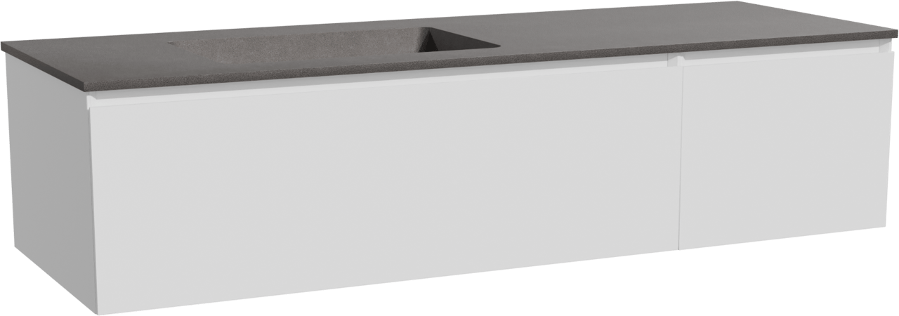 Storke Edge zwevend badmeubel 150 x 52 cm mat wit met Scuro asymmetrisch linkse wastafel in kwarts mat zwart