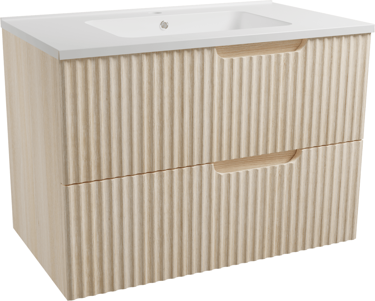 Linie Ribbo zwevend badmeubel 80 x 46 cm licht eiken met Vano enkele wastafel in composietmarmer hoogglans wit, Verticale symmetrische ronde ribbel