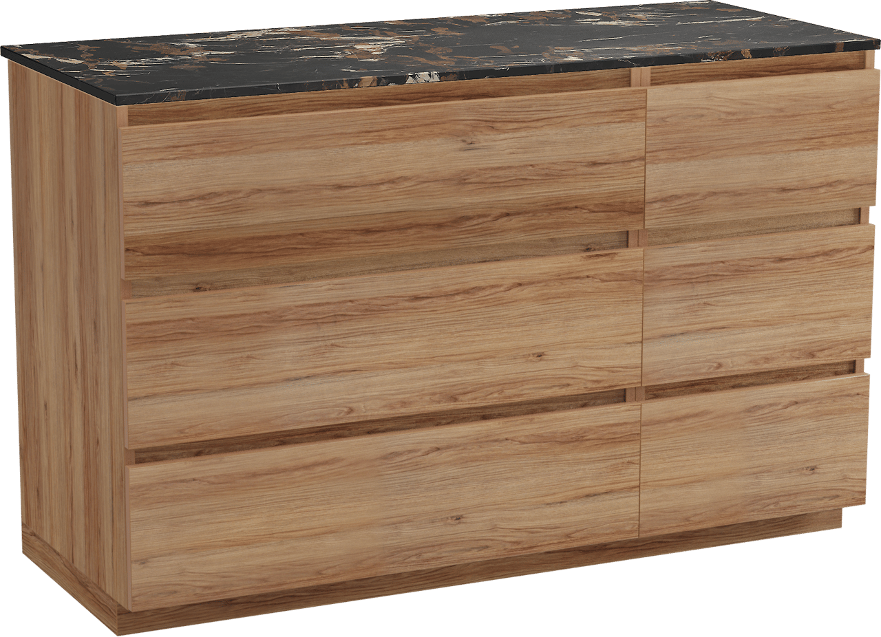 Balmani Lucida staand badkamermeubel 135 x 55 cm teak met Stretto enkel of dubbel tablet in marmer portoro gold