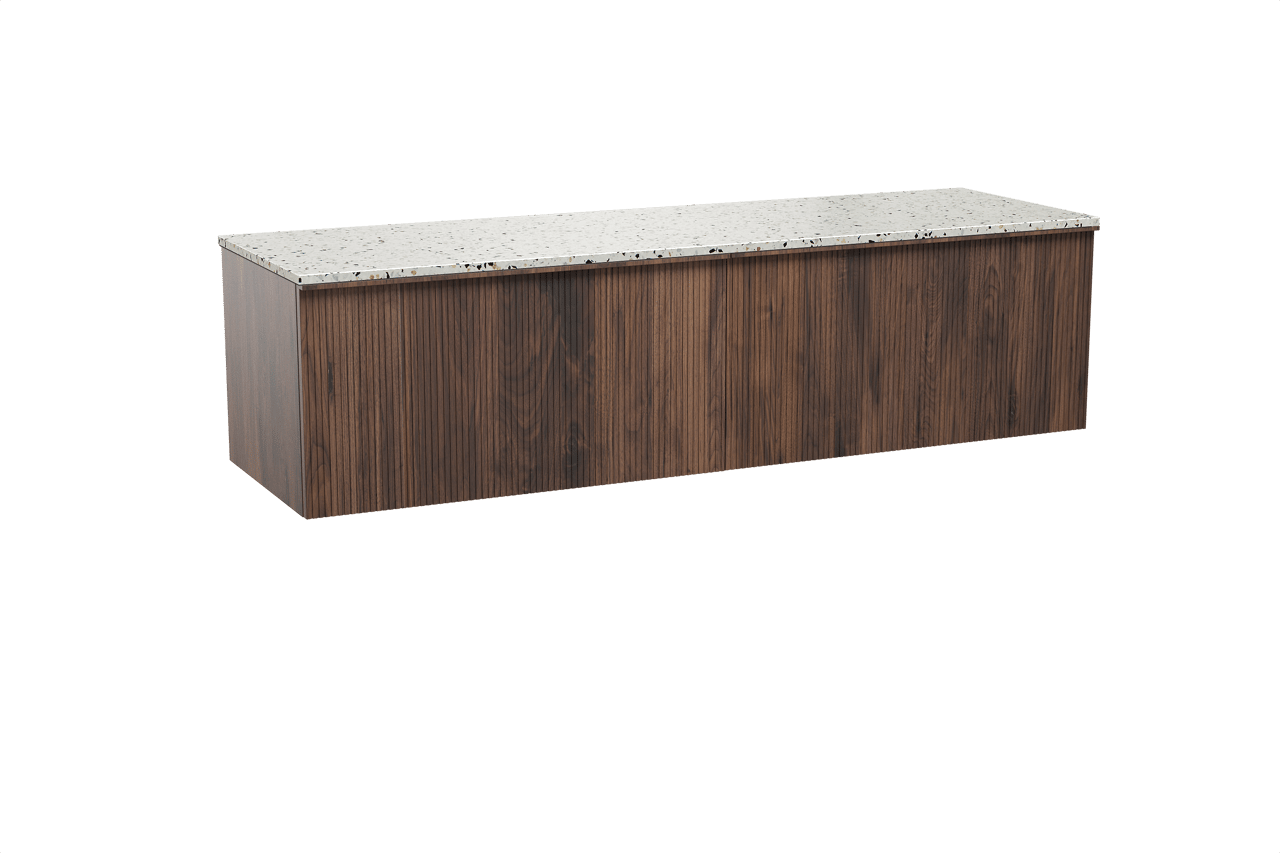 Balmani Forma hängendes Möbelstück Set: 180 x 55 cm, Amerikanischer Nussbaum, mit Stretto Einzel- oder Doppel Waschtischplatte, Terrazzo in Weiß/Schwarz matt, Vertikale symmetrische gerade Rippe