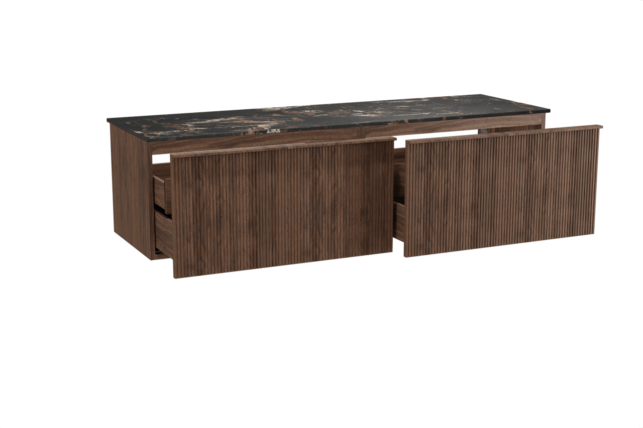 Balmani Forma meuble salle de bains suspendu 180 x 55 cm noyer américain avec Stretto tablette simple ou double en marbre portoro gold, Nervure droite symétrique verticale