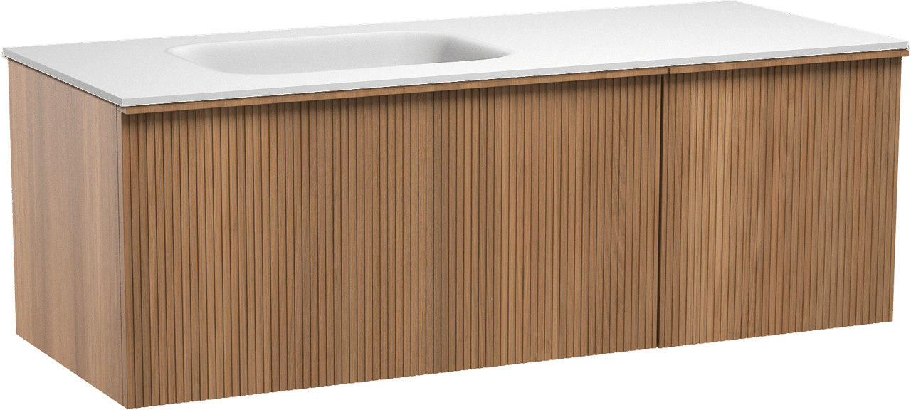 Balmani Forma hängendes Möbelstück Set: 135 x 55 cm, Teak, mit Tablo Arcato Waschtisch links, Solid Surface, Weiß matt, Vertikale symmetrische gerade Rippe