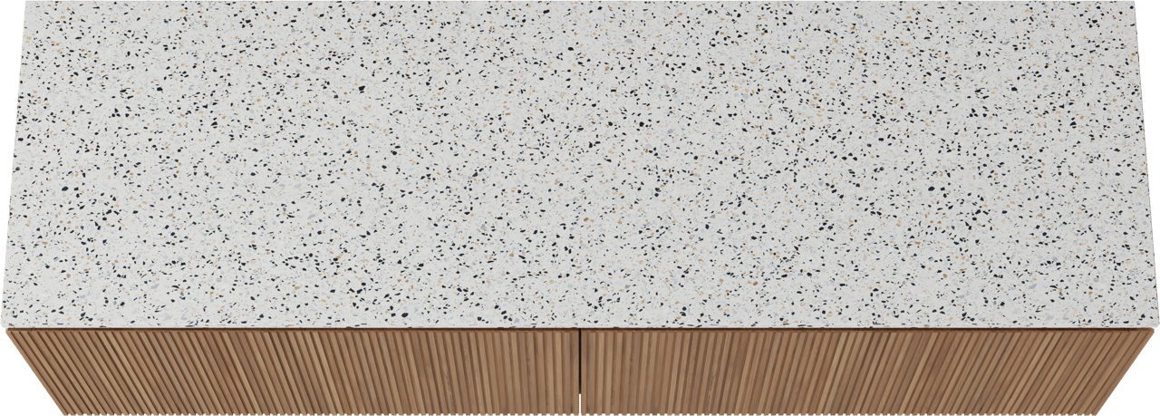 Balmani Eclips hängendes Möbelstück Set: 180 x 55 cm, Teak, mit Stretto Einzel- oder Doppel Waschtischplatte Bianco Nero Terrazzo, Vertikale symmetrische gerade Rippe