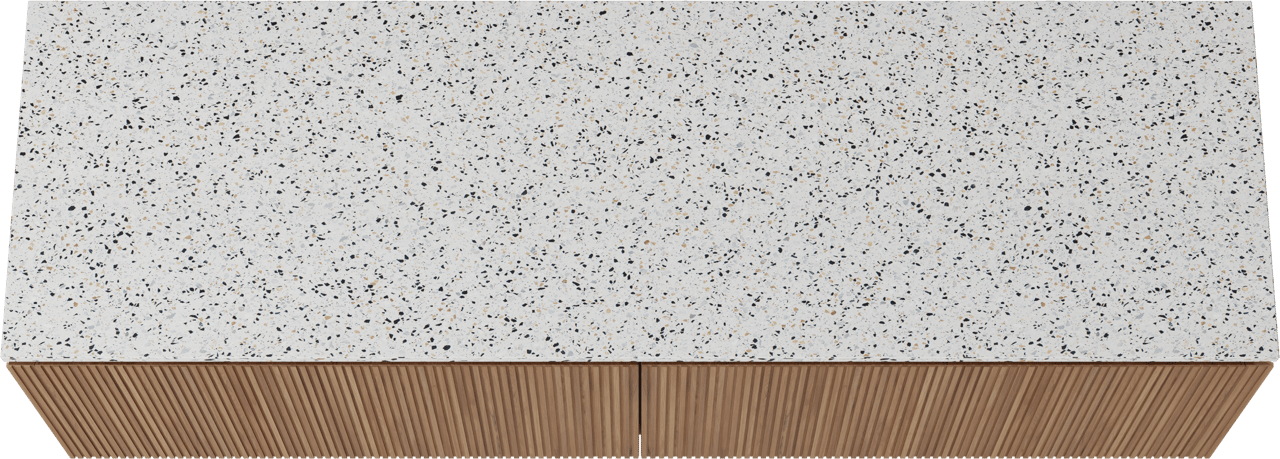 Balmani Eclips hängendes Möbelstück Set: 180 x 55 cm, Teak, mit Stretto Einzel- oder Doppel Waschtischplatte Bianco Nero Terrazzo, Vertikale symmetrische gerade Rippe