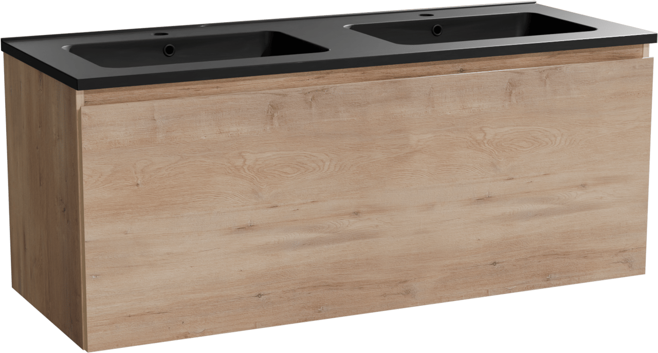 Linie Lado hängendes Möbelstück Set: 120 x 46 cm, Naturbelassene Eiche, mit Vano Doppelwaschtisch, Marmorkomposit Schwarz matt