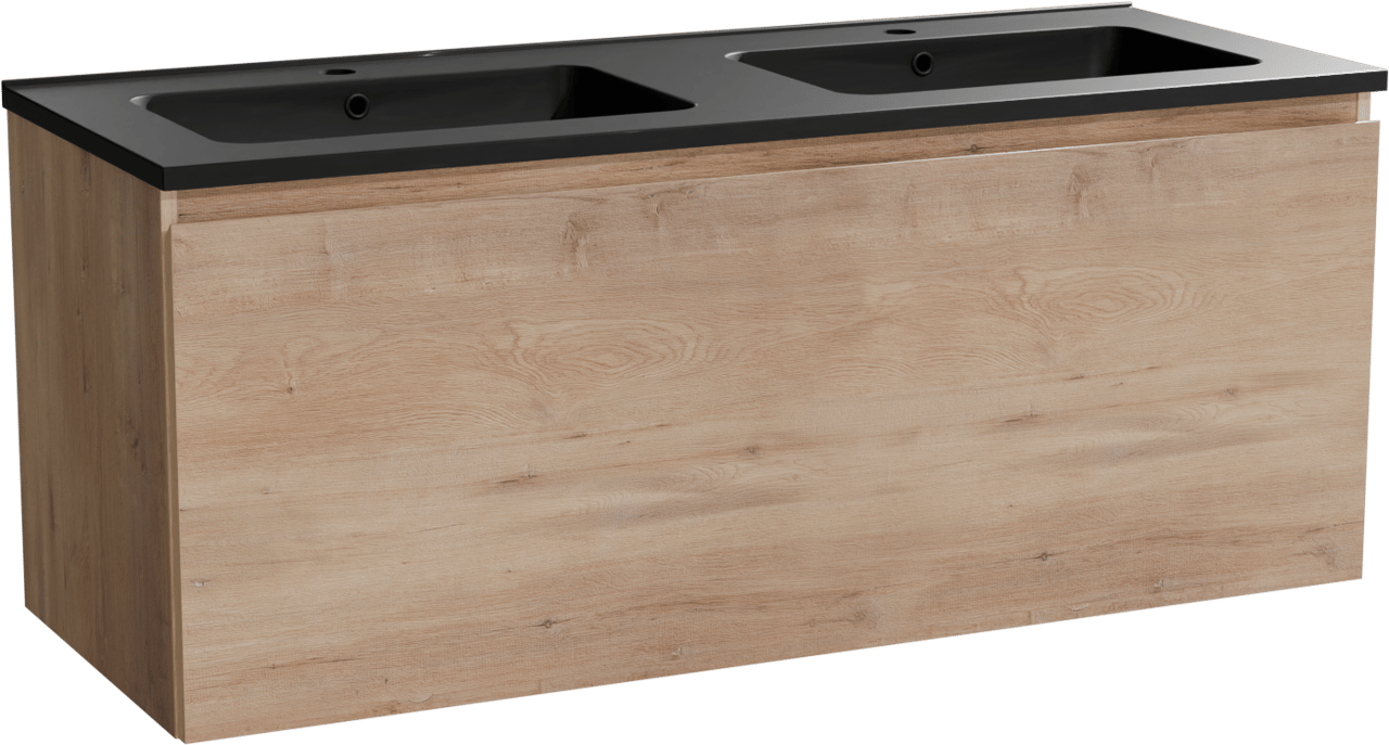 Linie Lado zwevend badkamermeubel 120 x 46 cm natuur eik met Vano dubbele wastafel in composietmarmer mat zwart