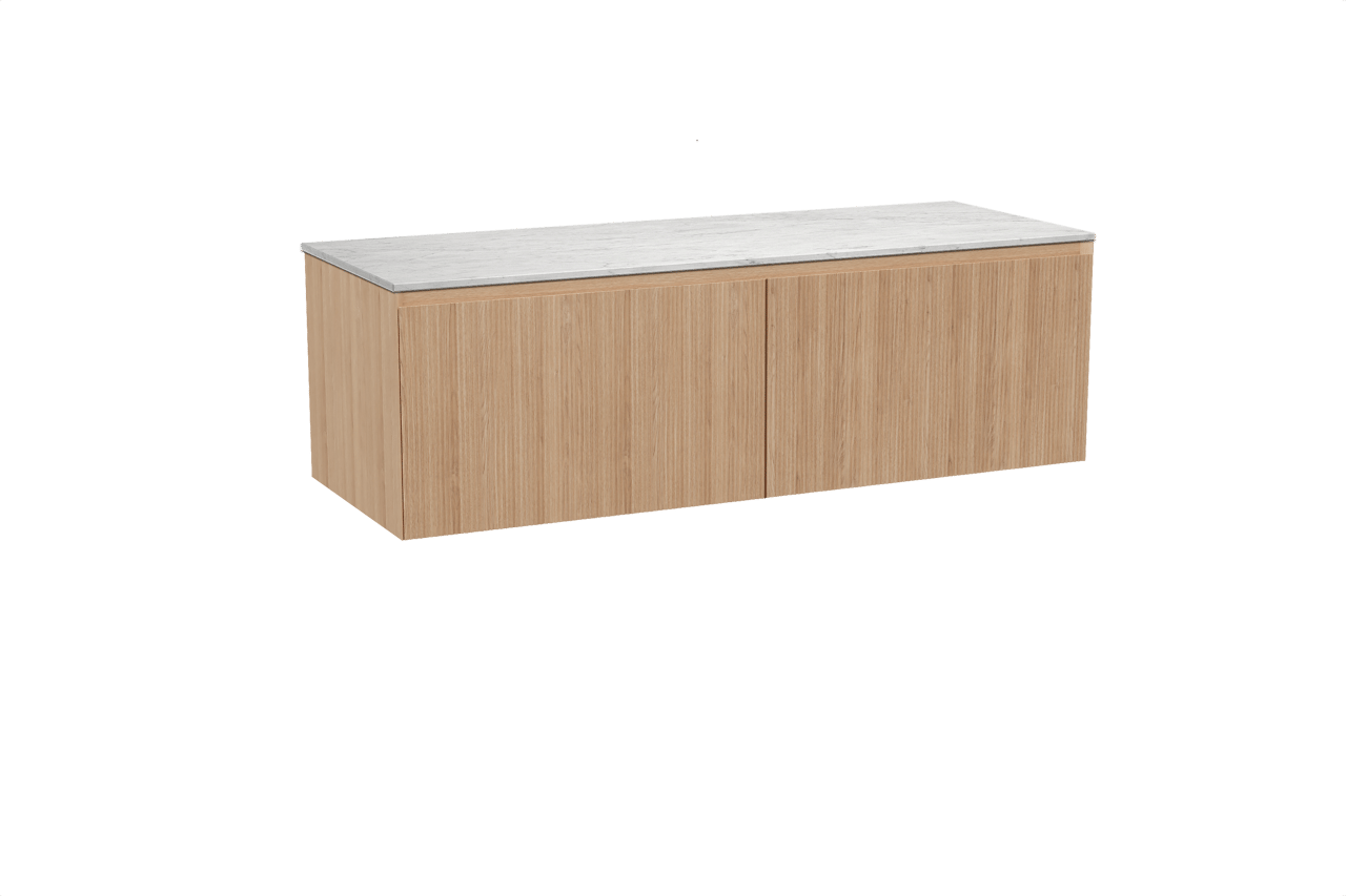 Balmani Fila hängendes Möbelstück Set: 150 x 55 cm, Naturbelassene Eiche, mit Stretto Einzel- oder Doppel Waschtischplatte, Marmor, Carrara, Vertikale symmetrische gerade Rippe