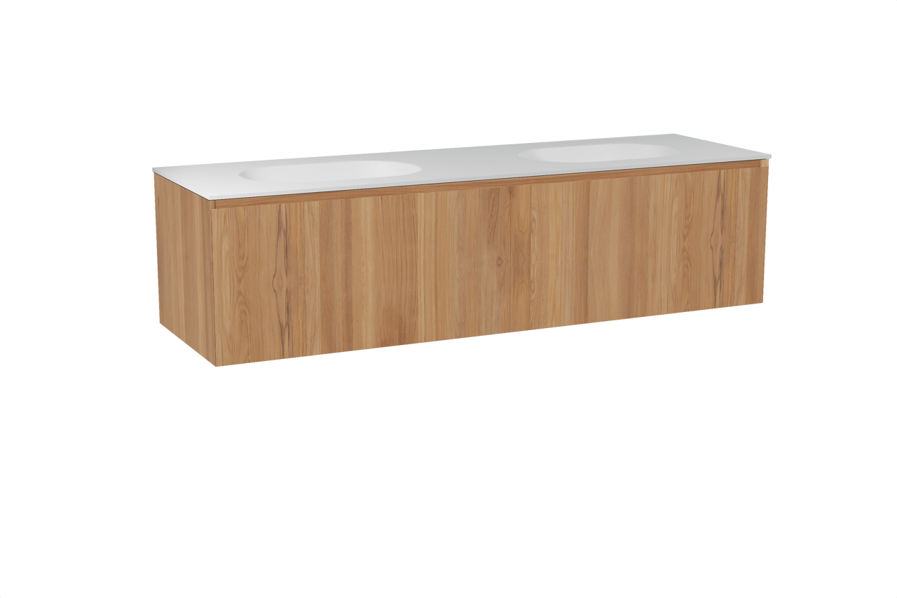 Balmani Idra hängendes Möbelstück Set: 180 x 55 cm, Teak, mit Tablo Oval Doppelwaschtisch, Solid Surface Weiß matt