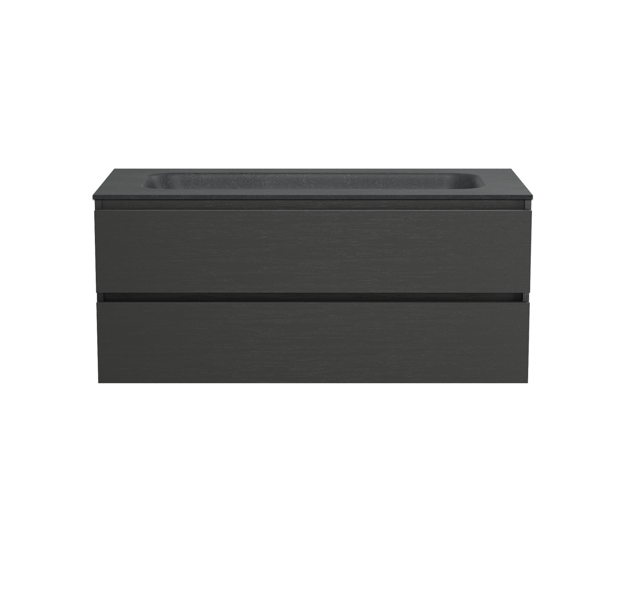 Balmani Lucida hängendes Möbelstück Set: 120 x 55 cm, Schwarze Eiche, mit Tablo Arcato Einzelwaschtisch für 2 Armaturenlöcher, Schwarzes Granit