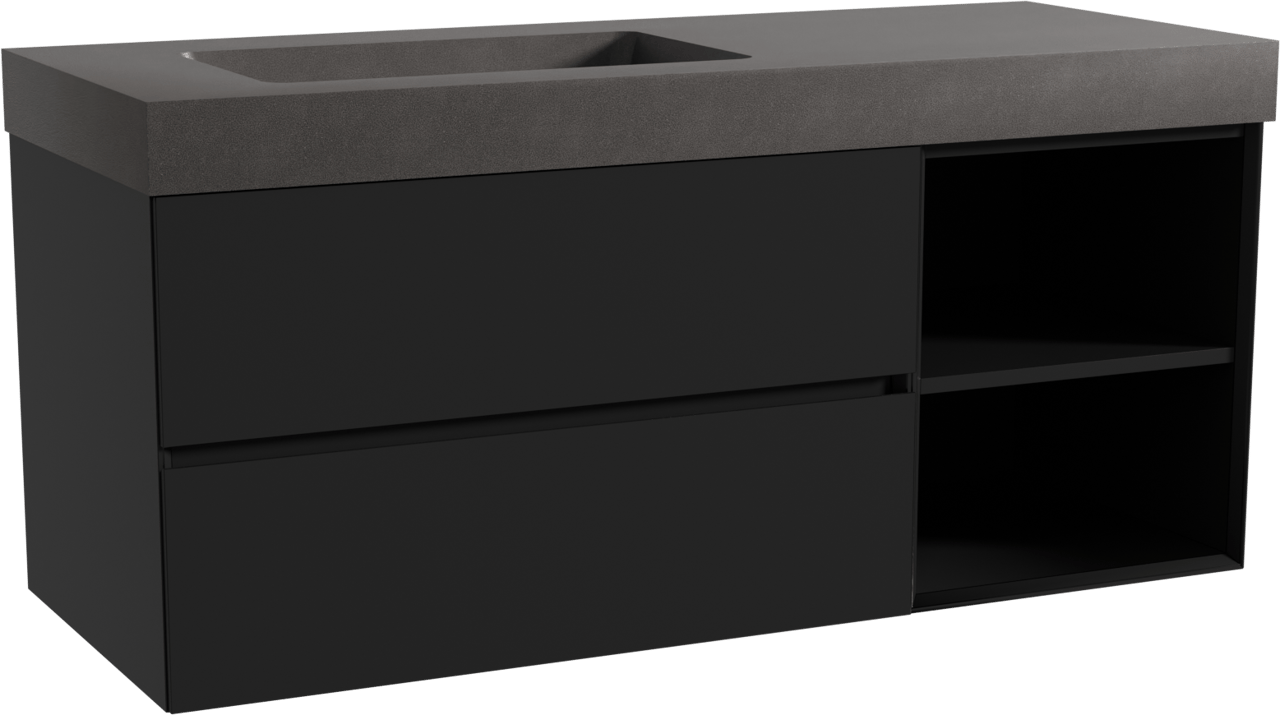 Storke Edge zwevend badkamermeubel 130 x 52 cm mat zwart met Scuro High asymmetrisch linkse wastafel in kwarts mat zwart