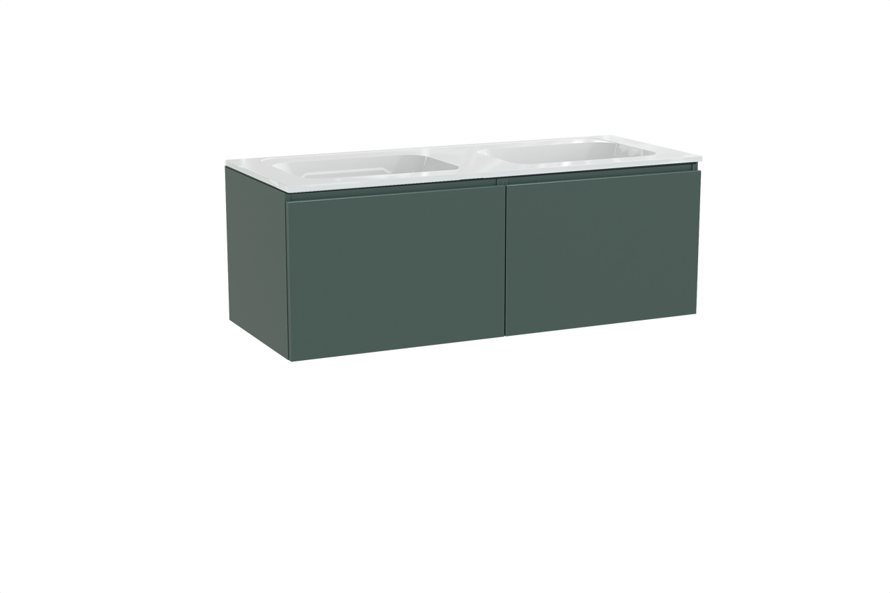 Balmani Sfera hängendes Möbelstück Set: 135 x 55 cm, Forest, mit Tablo Strada Doppelwaschtisch, Marmorkomposit Weiß glänzend