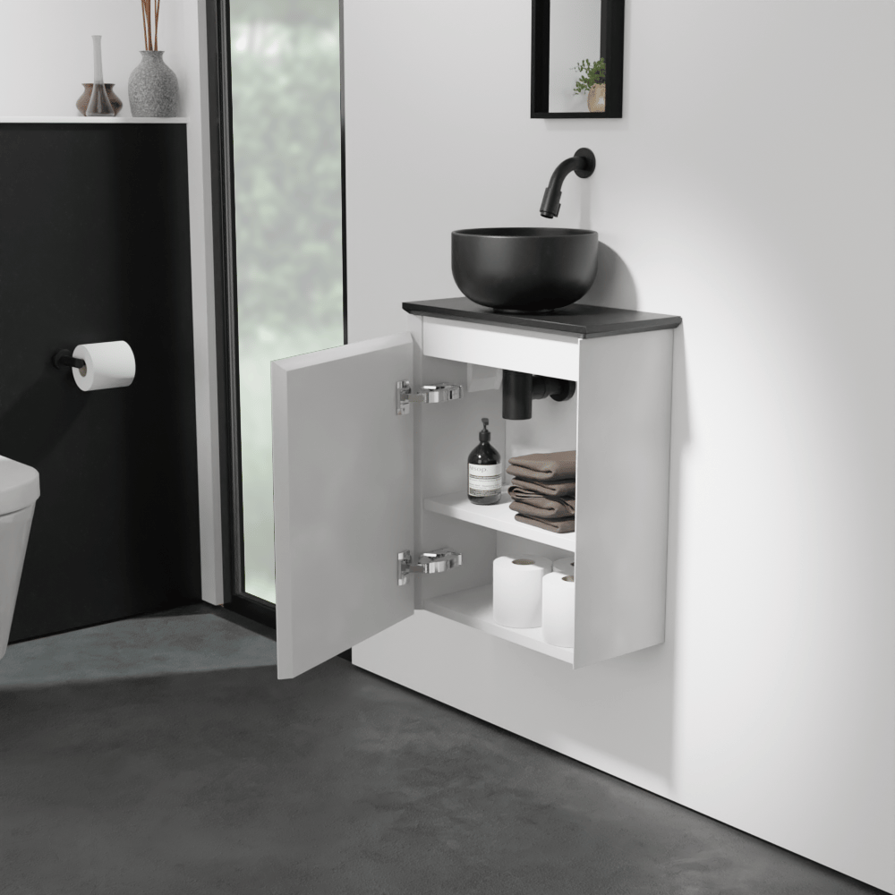 Balmani Mitra meuble wc suspendu 42 x 21 cm blanc mat avec Facetta tablette et Bowl vaque à poser en granite aiguisé