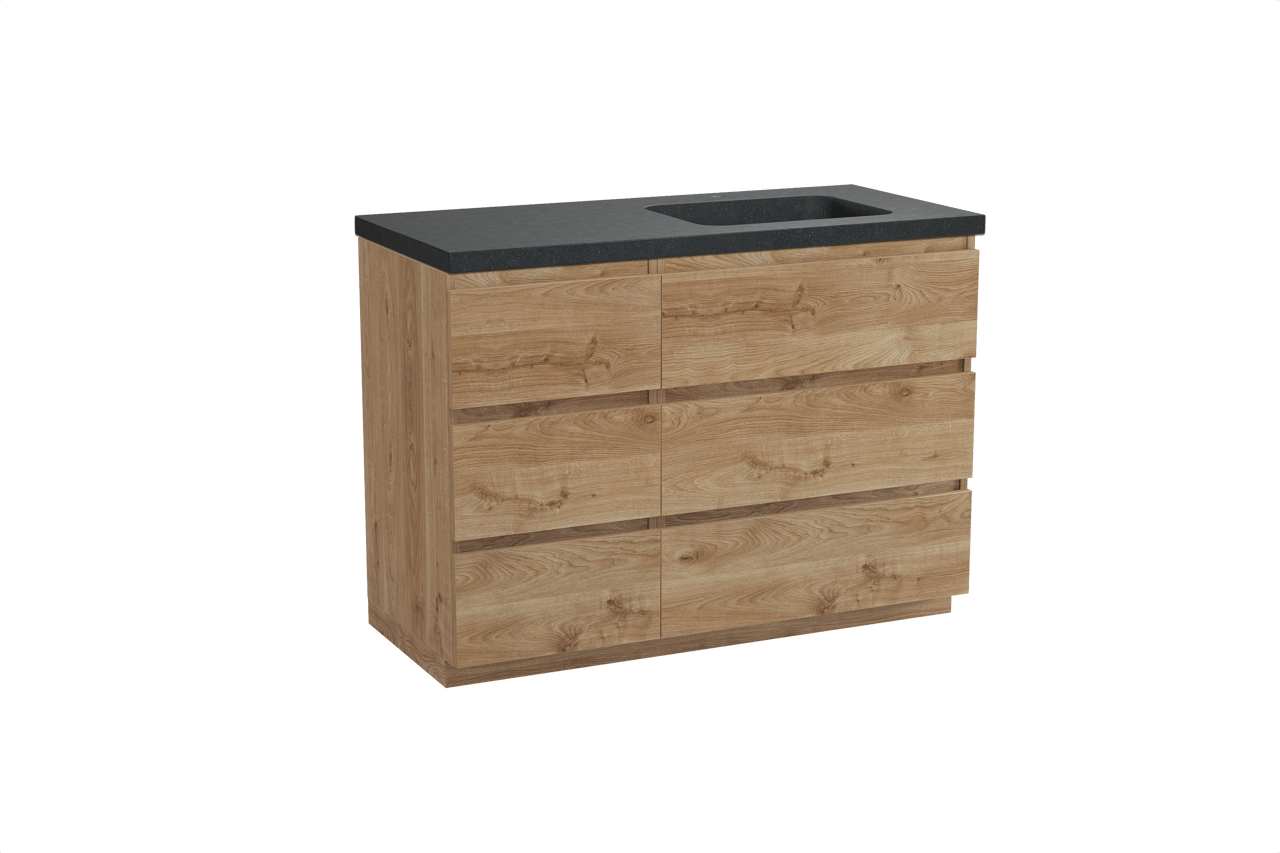 Balmani Lucida freistehendes Möbelstück Set: 120 x 55 cm, Rohe Eiche, mit Napoli Waschtisch rechts, Schwarzes Granit