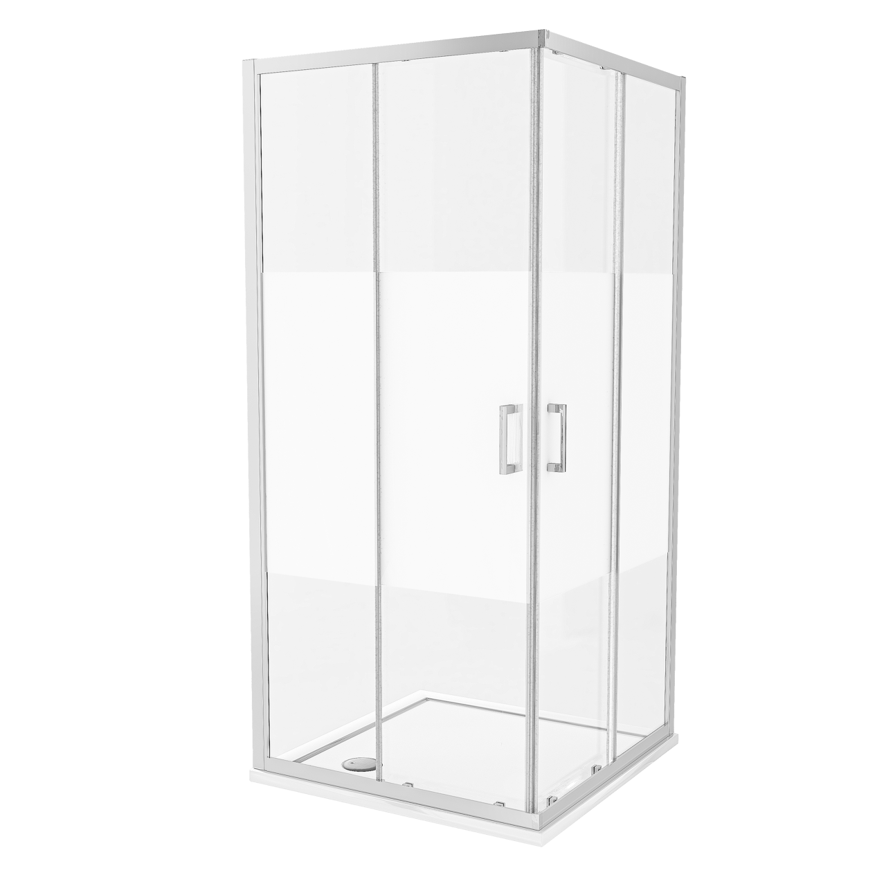 Luca Varess Vidor douchehoek met hoekinstap en 2 schuifdeuren 90 x 90 cm Helder glas met matte strook glanzend chroom profiel