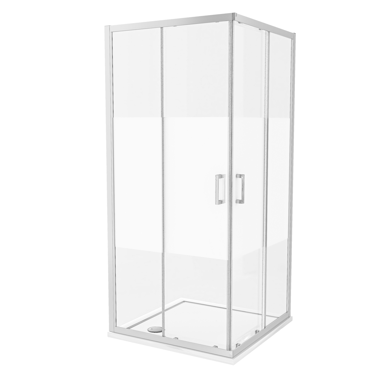 Luca Varess Vidor douchehoek met hoekinstap en 2 schuifdeuren 90 x 90 cm Helder glas met matte strook glanzend chroom profiel