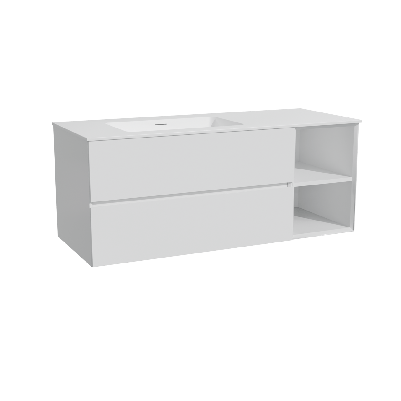 Storke Edge meuble salle de bains suspendu 130 x 52 cm blanc brillant avec Mata plan vasque asymétrique à gauche en solid surface blanc mat