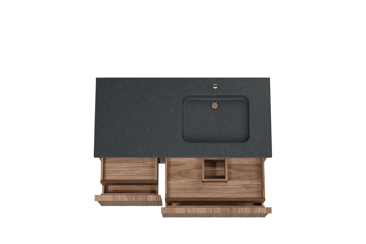 Balmani Forma zwevend badmeubel 120 x 55 cm amerikaans notenhout met Napoli asymmetrisch rechtse wastafel in zwart graniet, Verticale asymmetrische ronde ribbel