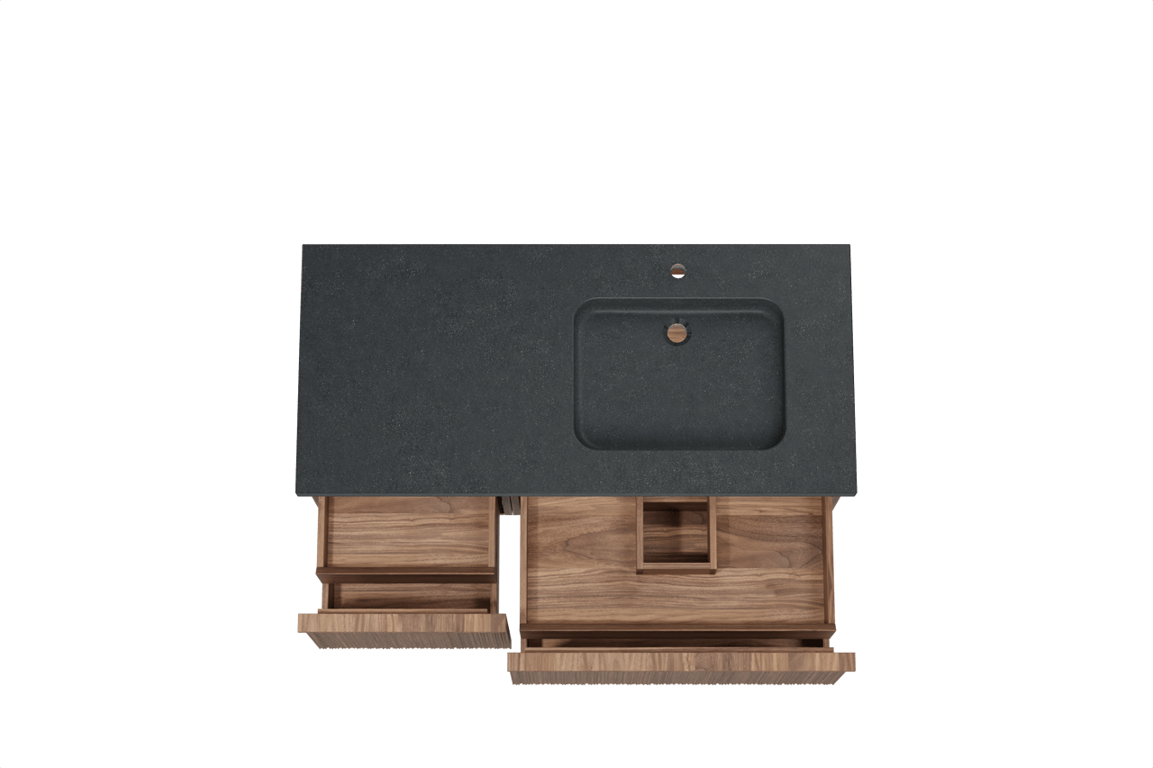 Balmani Forma hängendes Möbelstück Set: 120 x 55 cm, Amerikanischer Nussbaum, mit Napoli Waschtisch rechts, Granit, Schwarzes Granit, Vertikale asymmetrische Runde Rippe