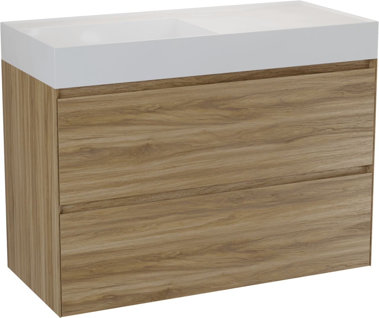 Balmani Mitra Compact zwevend badkamermeubel 100 x 46 cm wilde eik met Argila asymmetrisch linkse wastafel in composietmarmer glanzend wit