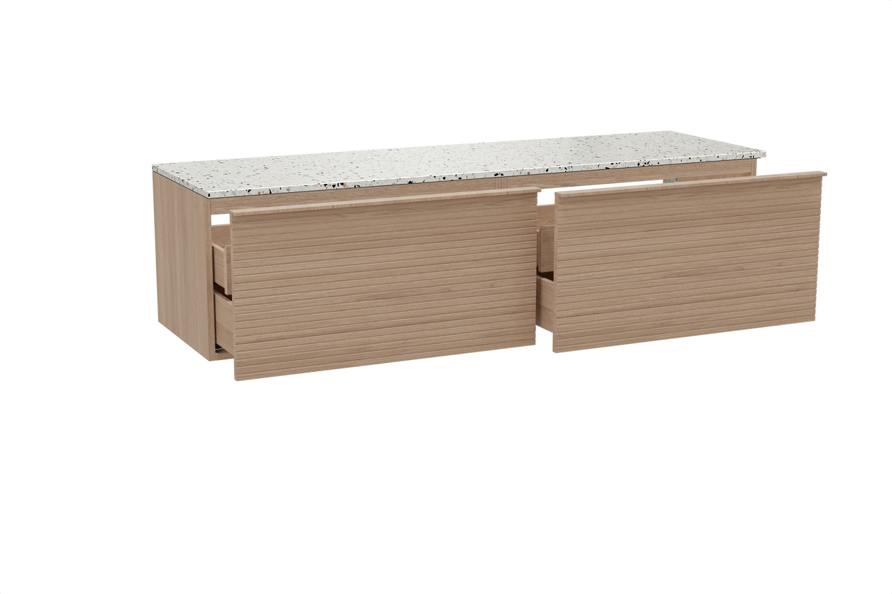 Balmani Forma zwevend badmeubel 180 x 55 cm naturel eiken met Stretto enkel of dubbel wastafelblad in mat wit/zwart terrazzo, Horizontale symmetrische rechte ribbel