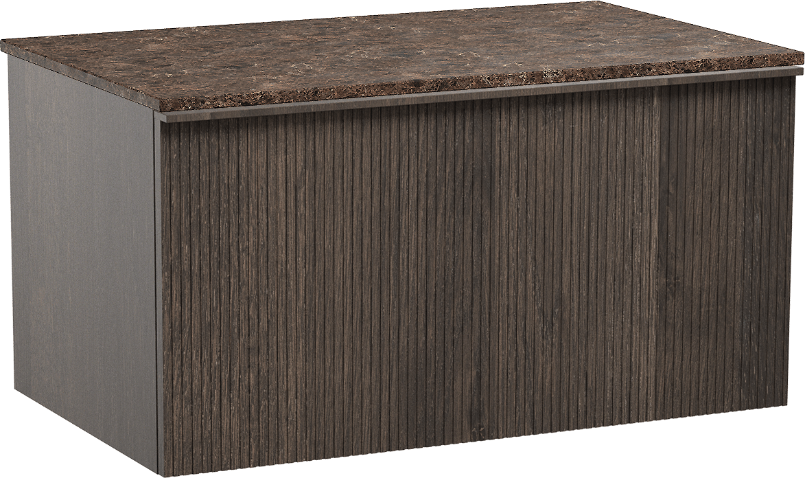 Balmani Forma hängendes Möbelstück Set: 90 x 55 cm, Geräucherte Eiche, mit Stretto Einzel Waschtischplatte, Marmor, Dark Emperador, Vertikale symmetrische gerade Rippe