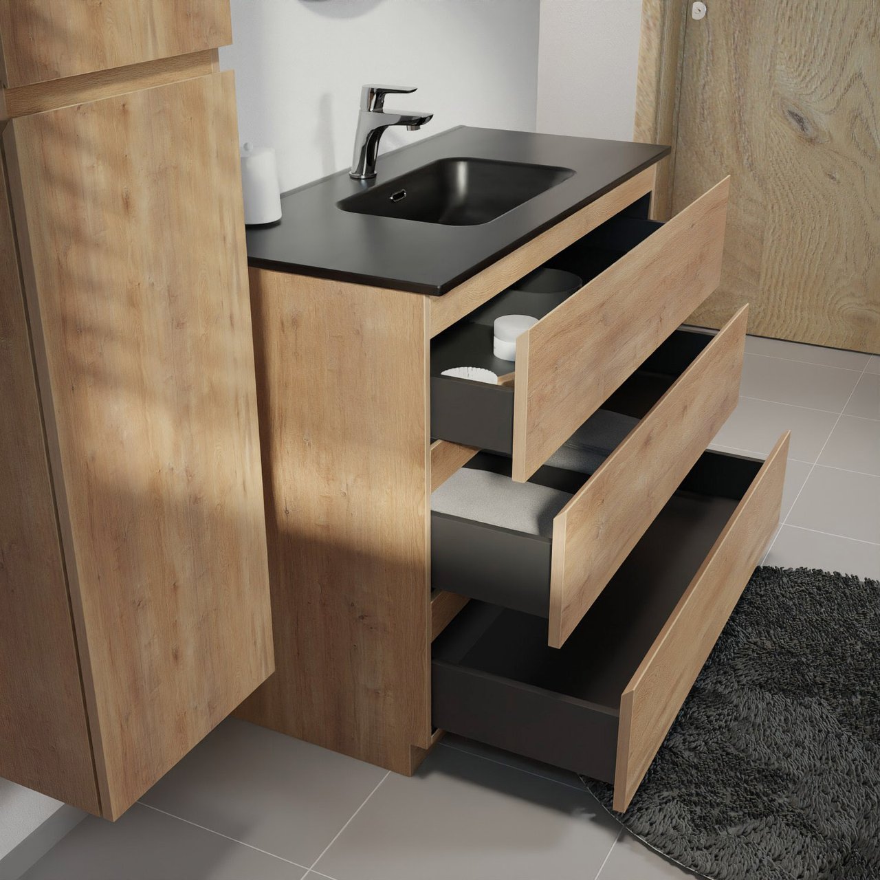 Linie Lado freistehendes Möbelstück Set: 100 x 46 cm, Naturbelassene Eiche, mit Baro Einzelwaschtisch, Porzellan Schwarz matt