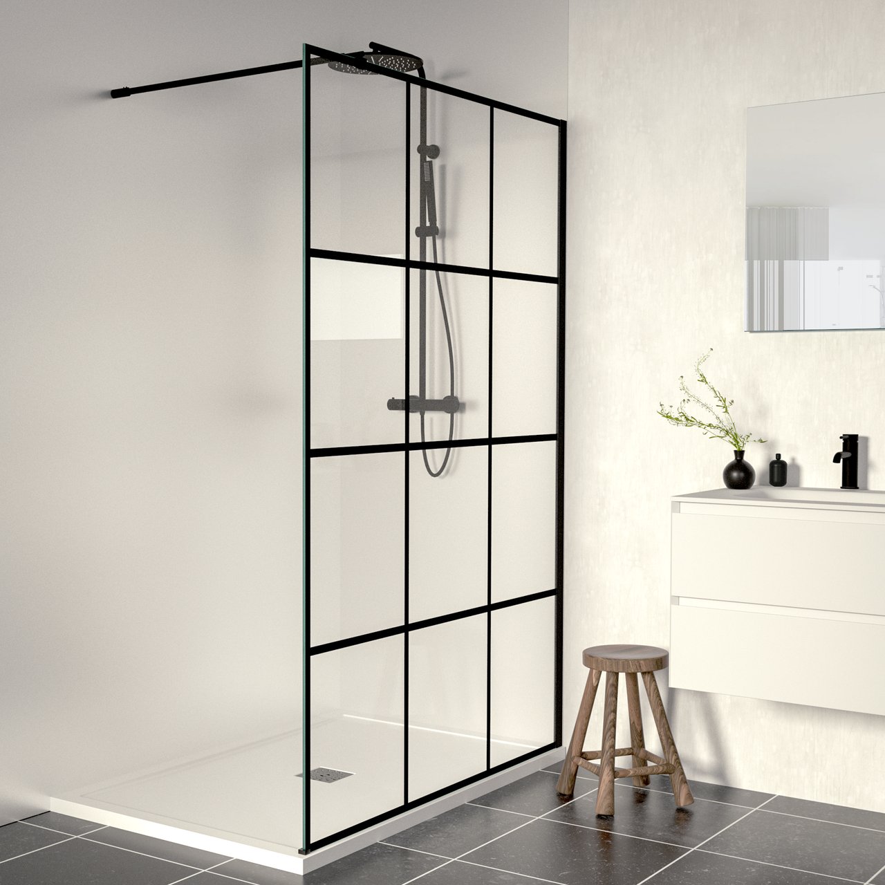 Linie Walk-In inloopdouche 140 x 200 cm square glas mat zwart profiel