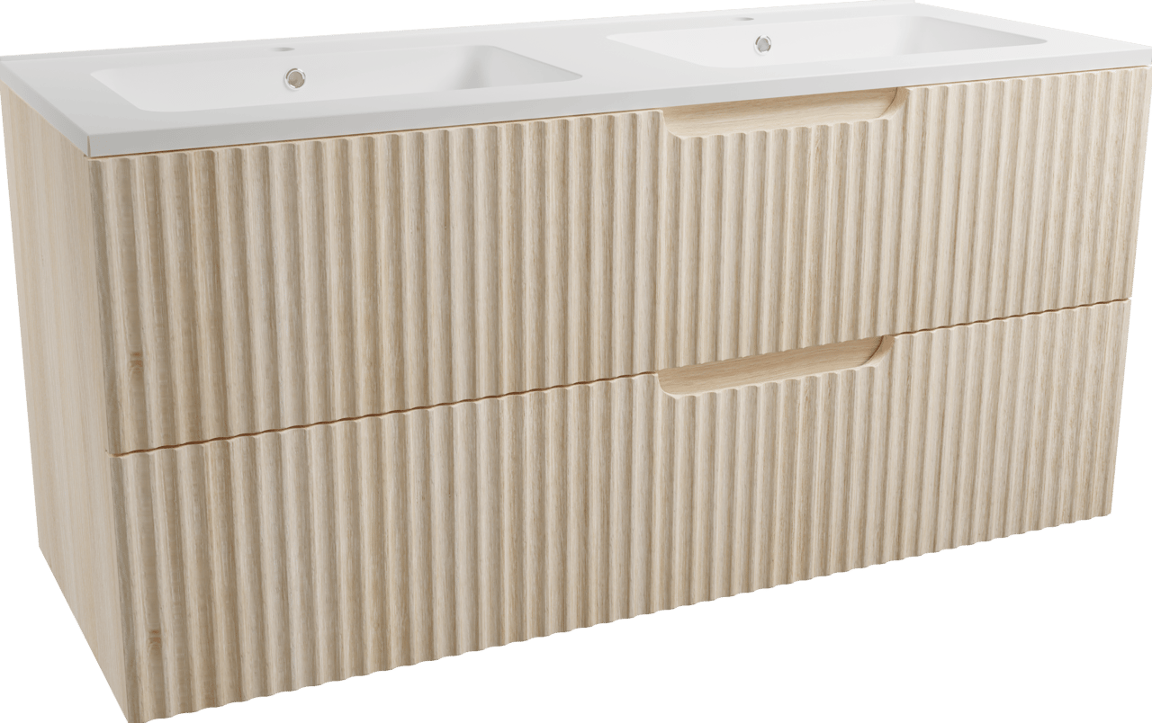 Linie Ribbo zwevend badkamermeubel 120 x 46 cm lichte eik met Vano dubbele wastafel in composietmarmer mat wit, Verticale symmetrische ronde ribbel