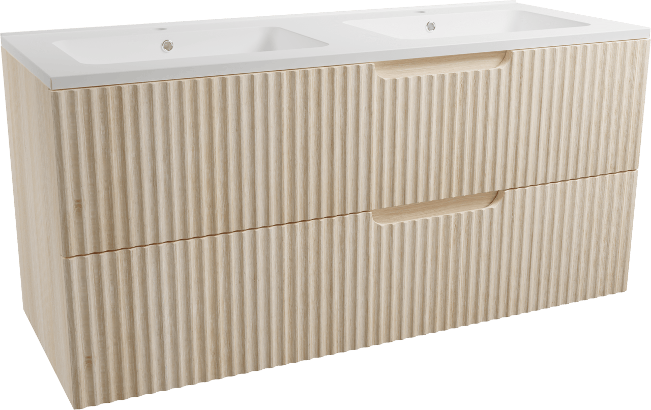 Linie Ribbo hängendes Möbelstück Set: 120 x 46 cm, Helle Eiche, mit Vano Doppelwaschtisch, Marmorkomposit, Weiß matt, Vertikale symmetrische runde Rippe