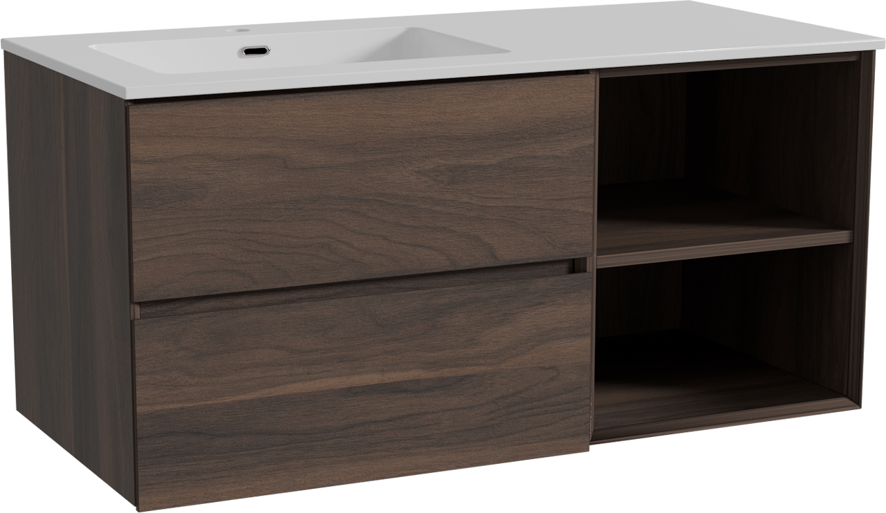 Storke Edge zwevend badkamermeubel 110 x 52 cm notelaar met Diva asymmetrisch linkse wastafel in composietmarmer glanzend wit